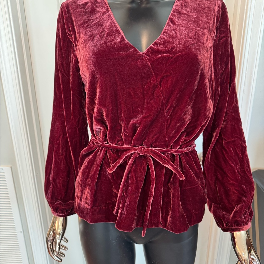J.Crew Deep Red Velour Belted V-Neck Top NWT